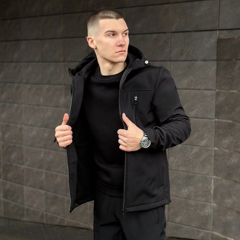 Чоловіча чорна куртка із софтшеллу весняна Pobedov Setup S 00000005899 фото
