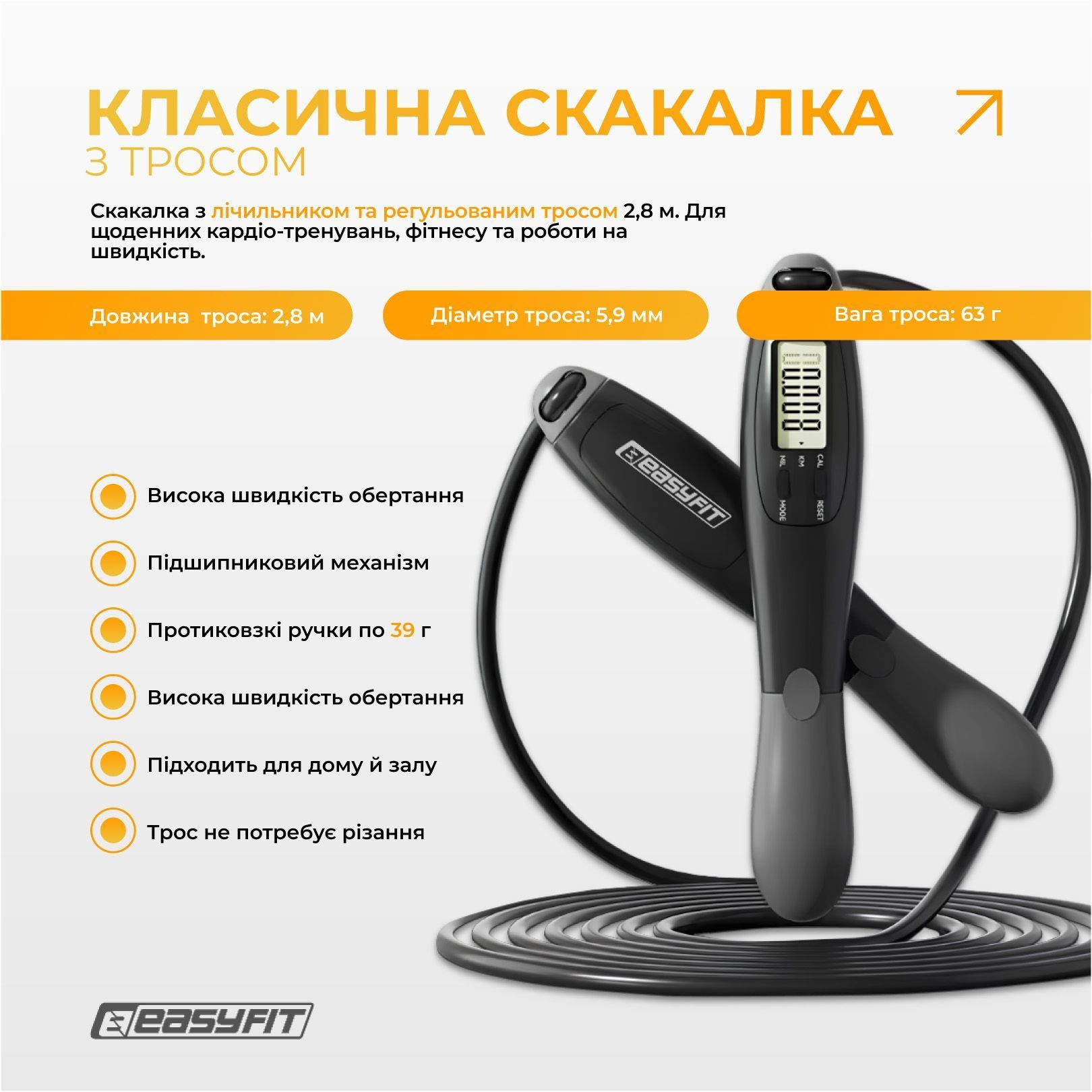 Скакалка з лічильником EasyFit TwinRope швидкісна 2,8 м чорна-сіра 2057 фото