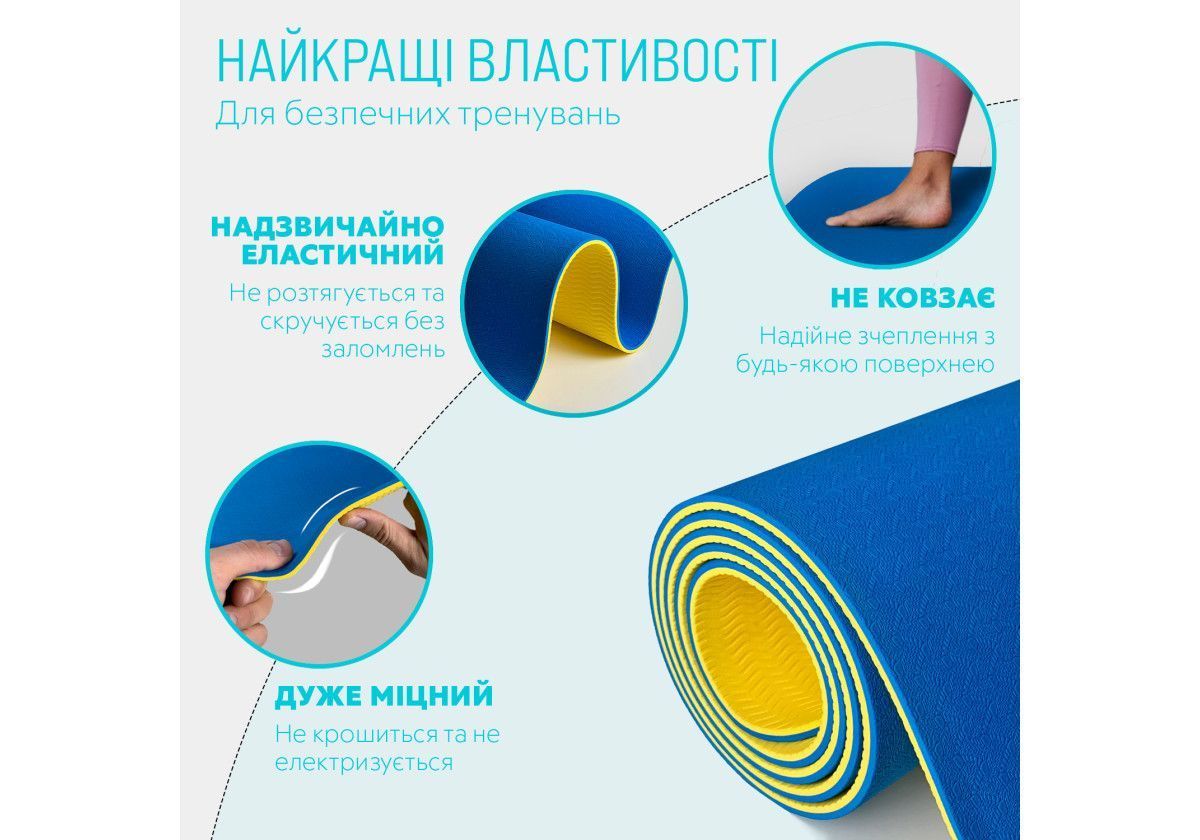 Килимок для йоги та фітнесу EasyFit TPE+TC 6 мм двошаровий + Чохол синій-жовтий 2826855819 фото